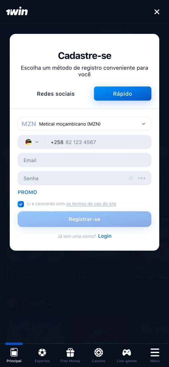 Você pode se registrar no 1Win por meio do aplicativo.