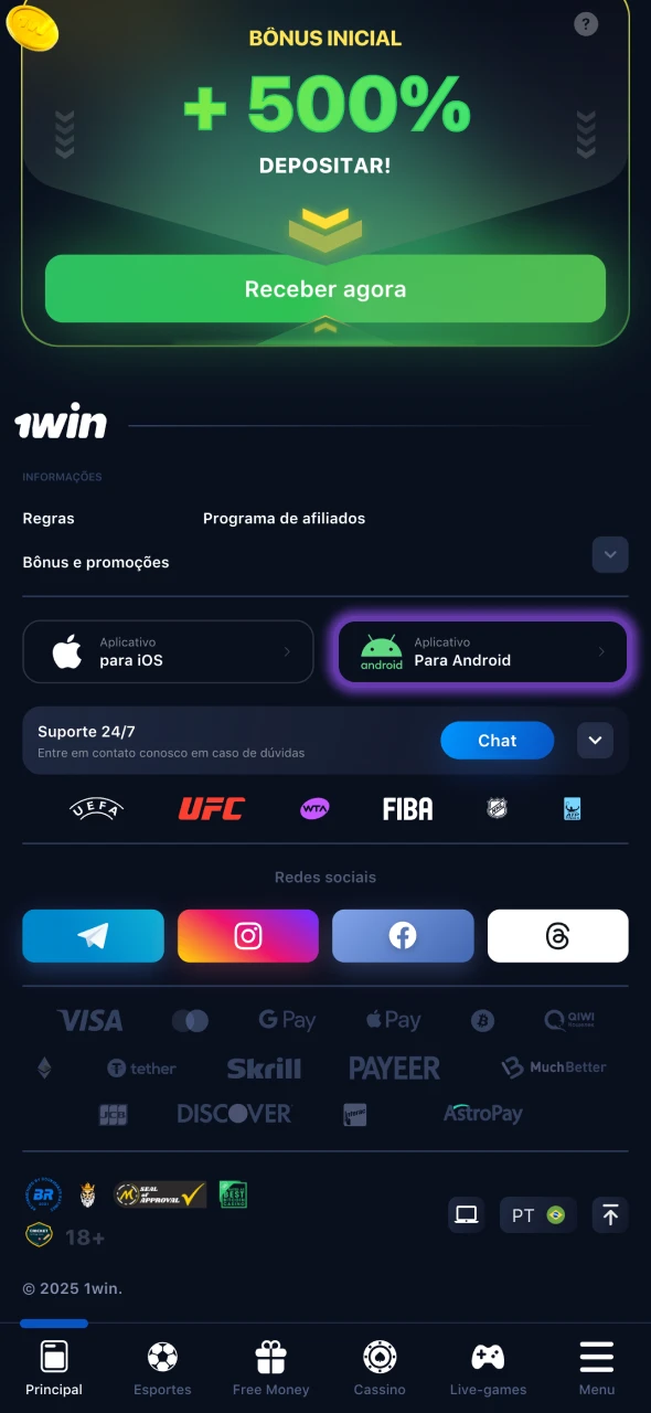 Toque em Android para iniciar o download do aplicativo 1Win.