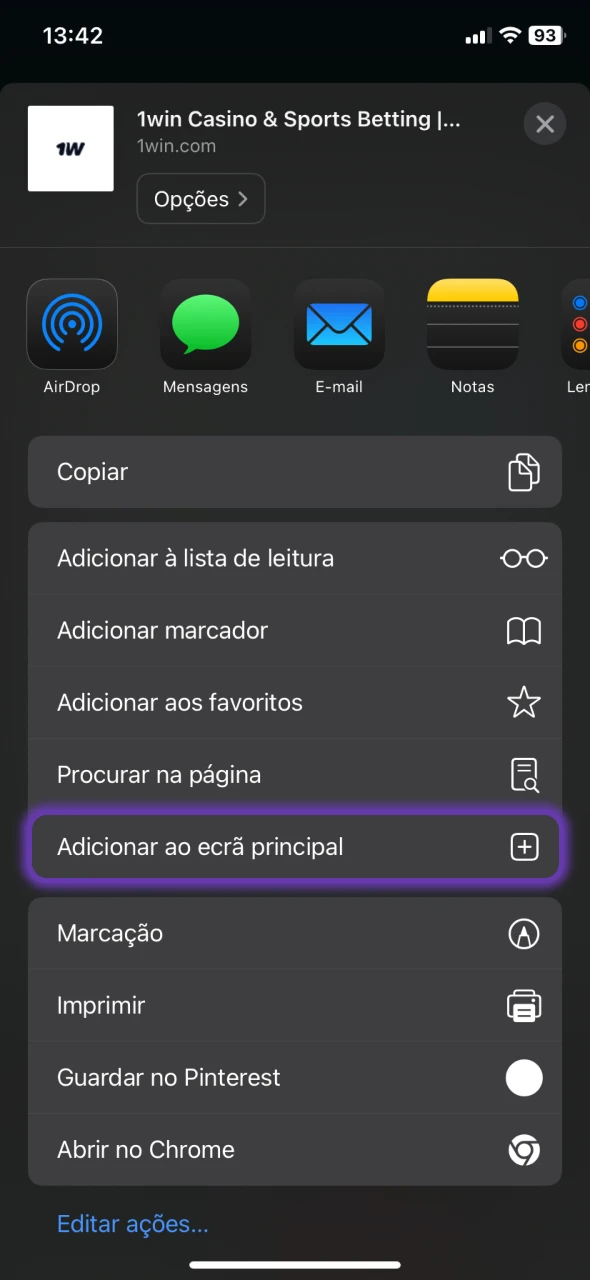 Selecione adicionar à tela inicial no aplicativo 1Win.