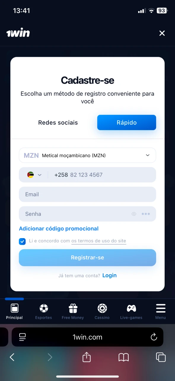 Faça login ou crie uma nova conta no 1Win.