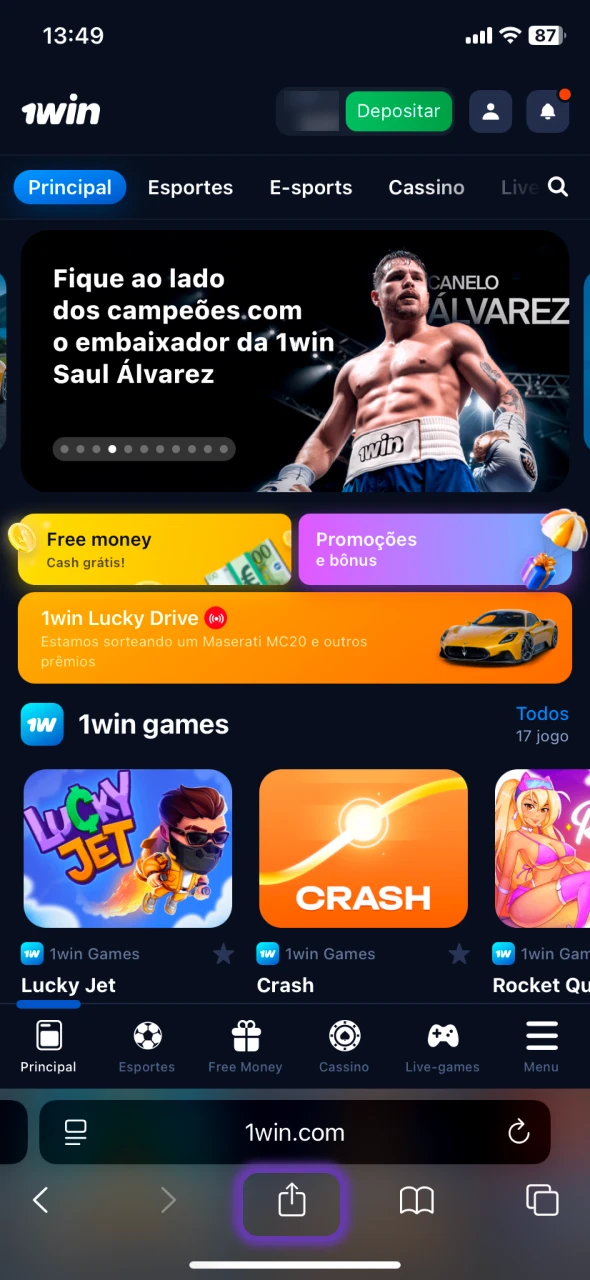 Toque no botão de compartilhamento no final da página do 1Win.