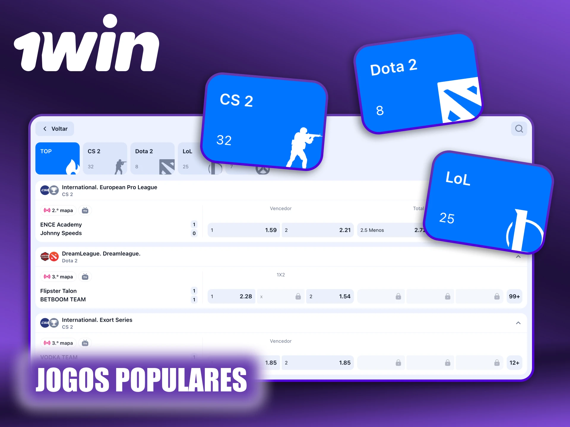 Leia as informações sobre os jogos de eSports disponíveis no 1Win.