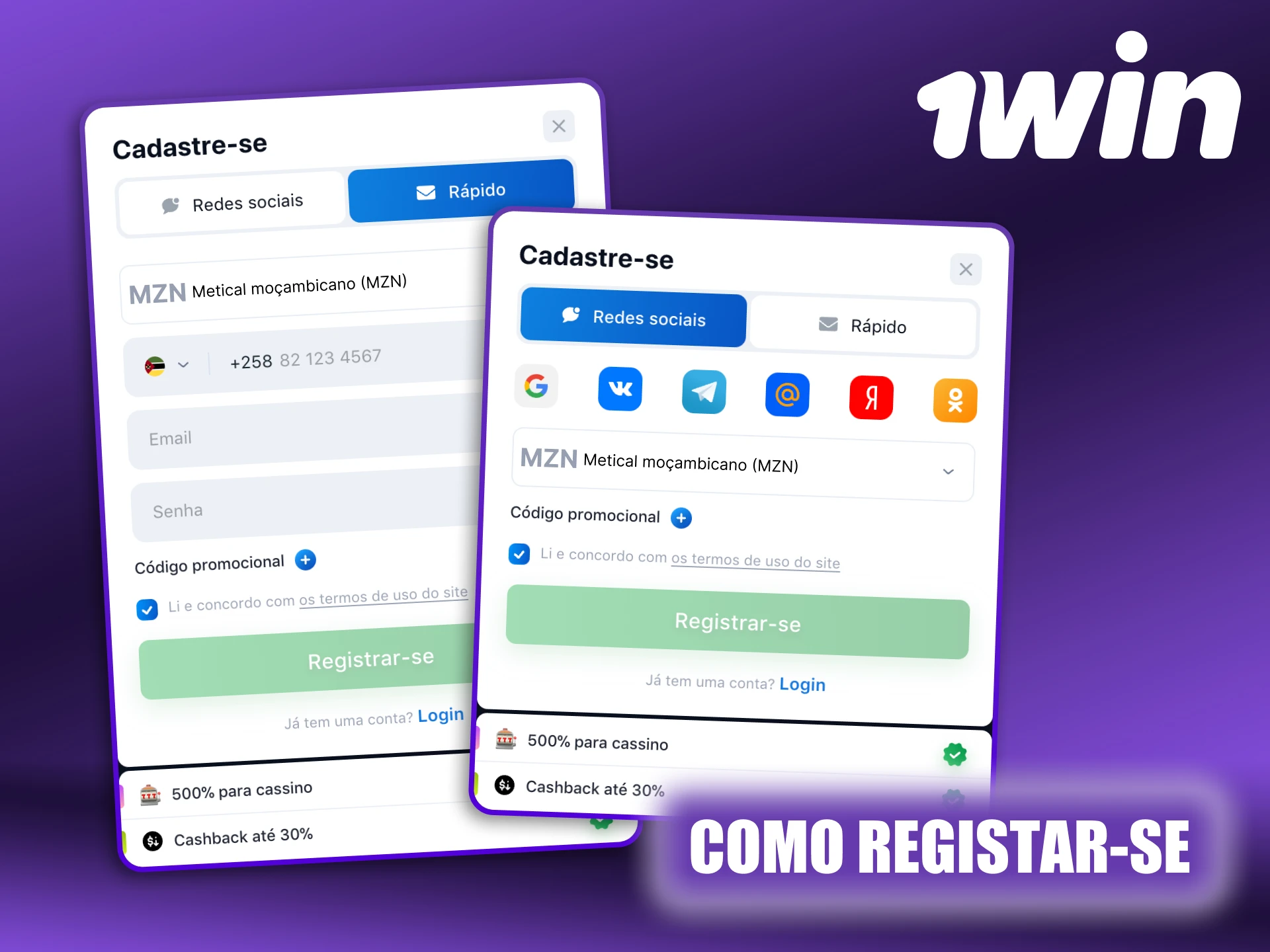Siga as etapas para criar uma conta no 1Win.