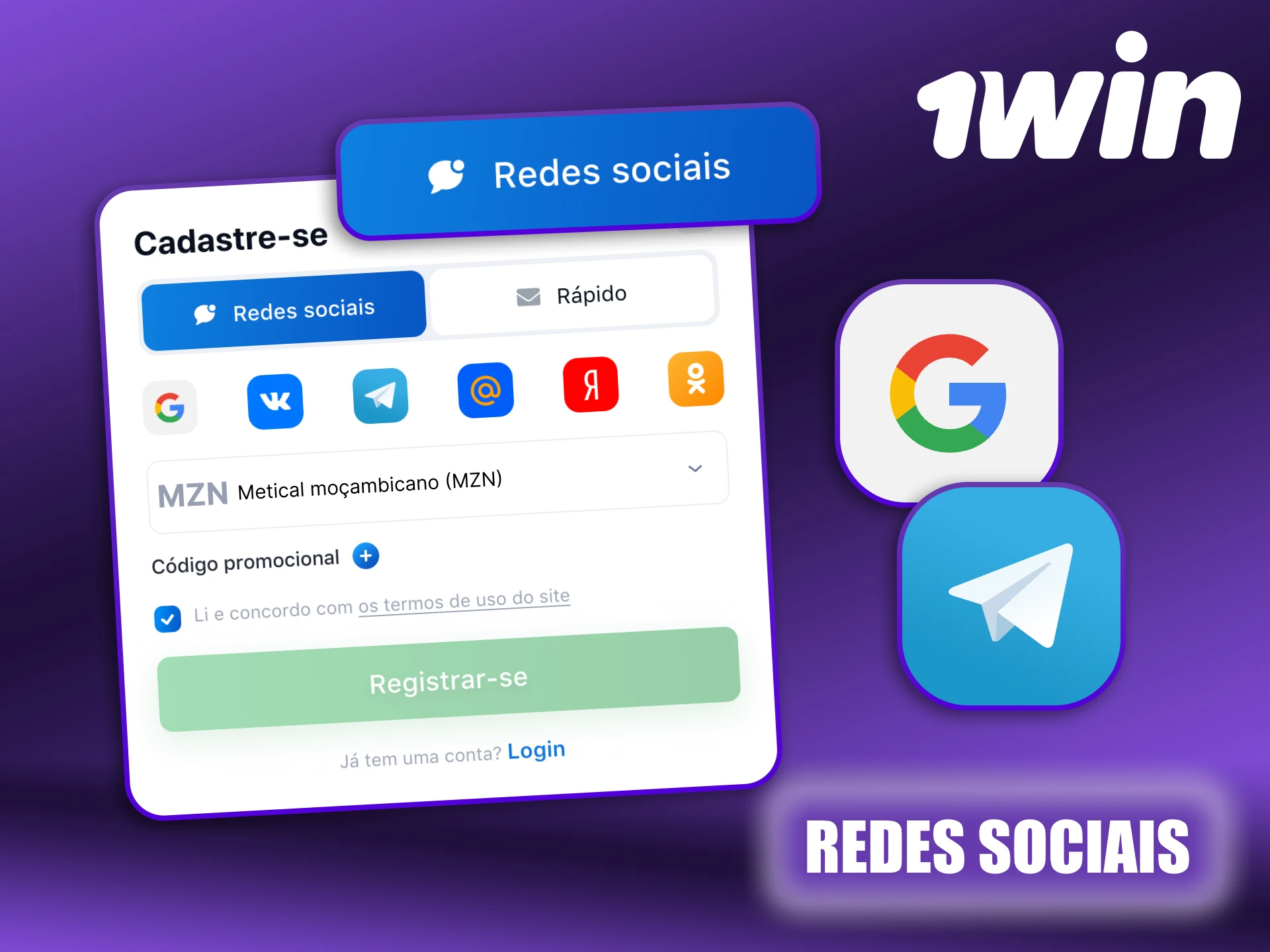 Saiba como se registar através das redes sociais em 1Win.