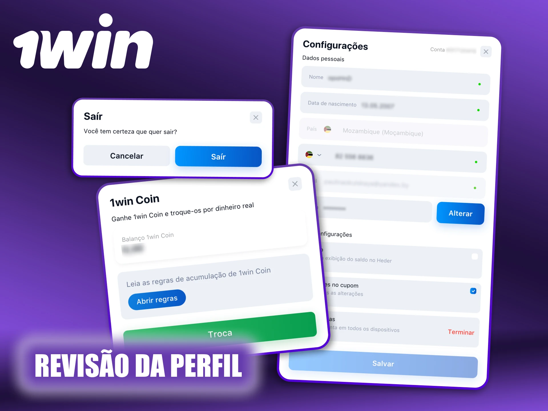 Pode gerir tudo sobre a sua conta 1Win.